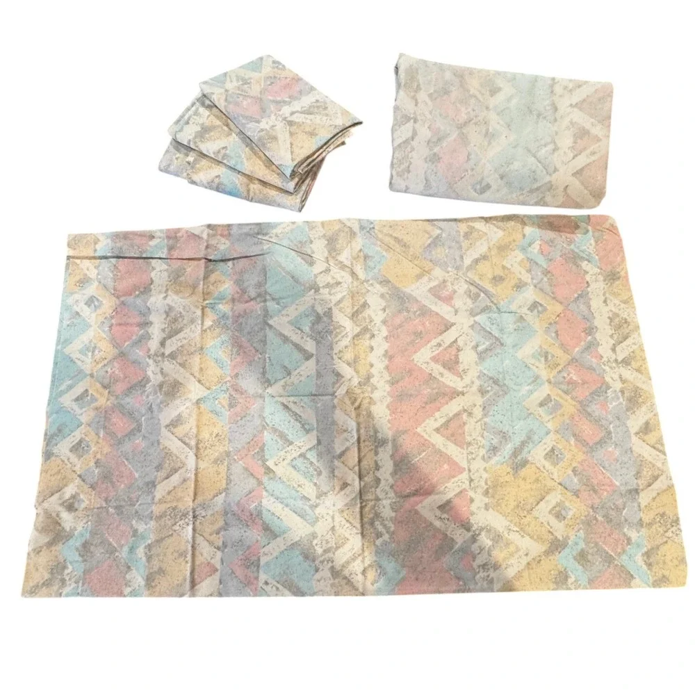 Vtg Cannon Sheet Pillowcase Set Queen Multicolor 80s Geometric Pastel Percale